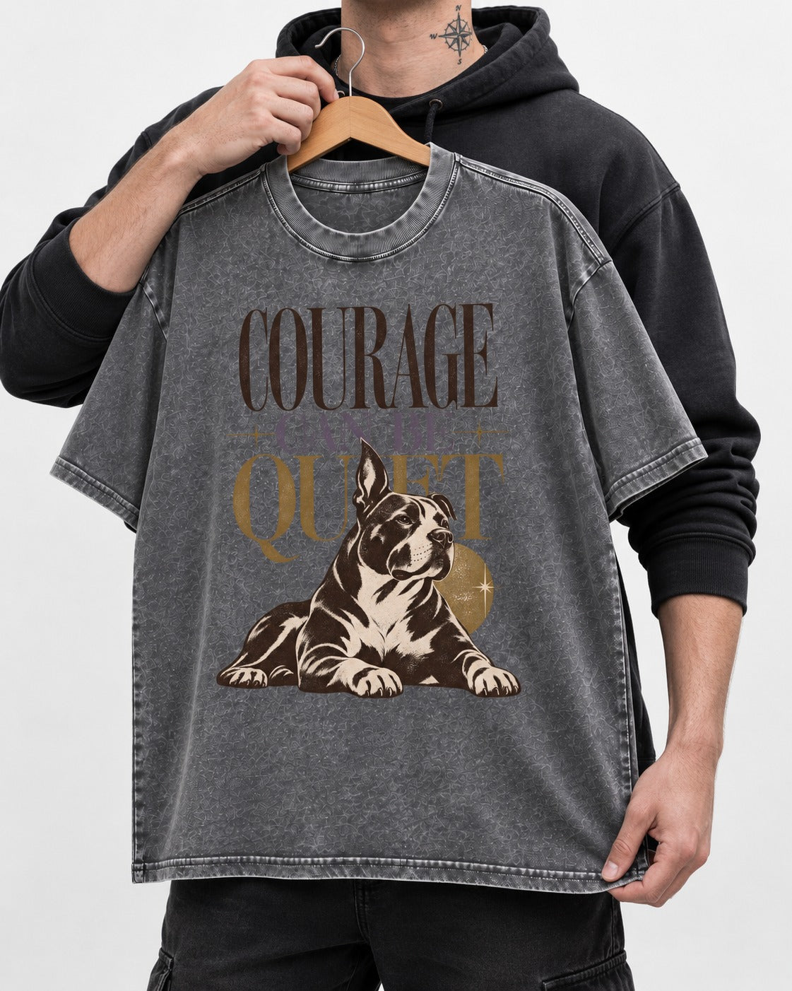 Pitbull Courage Can Be Quiet Washed Tee in Gray, held up on a hanger