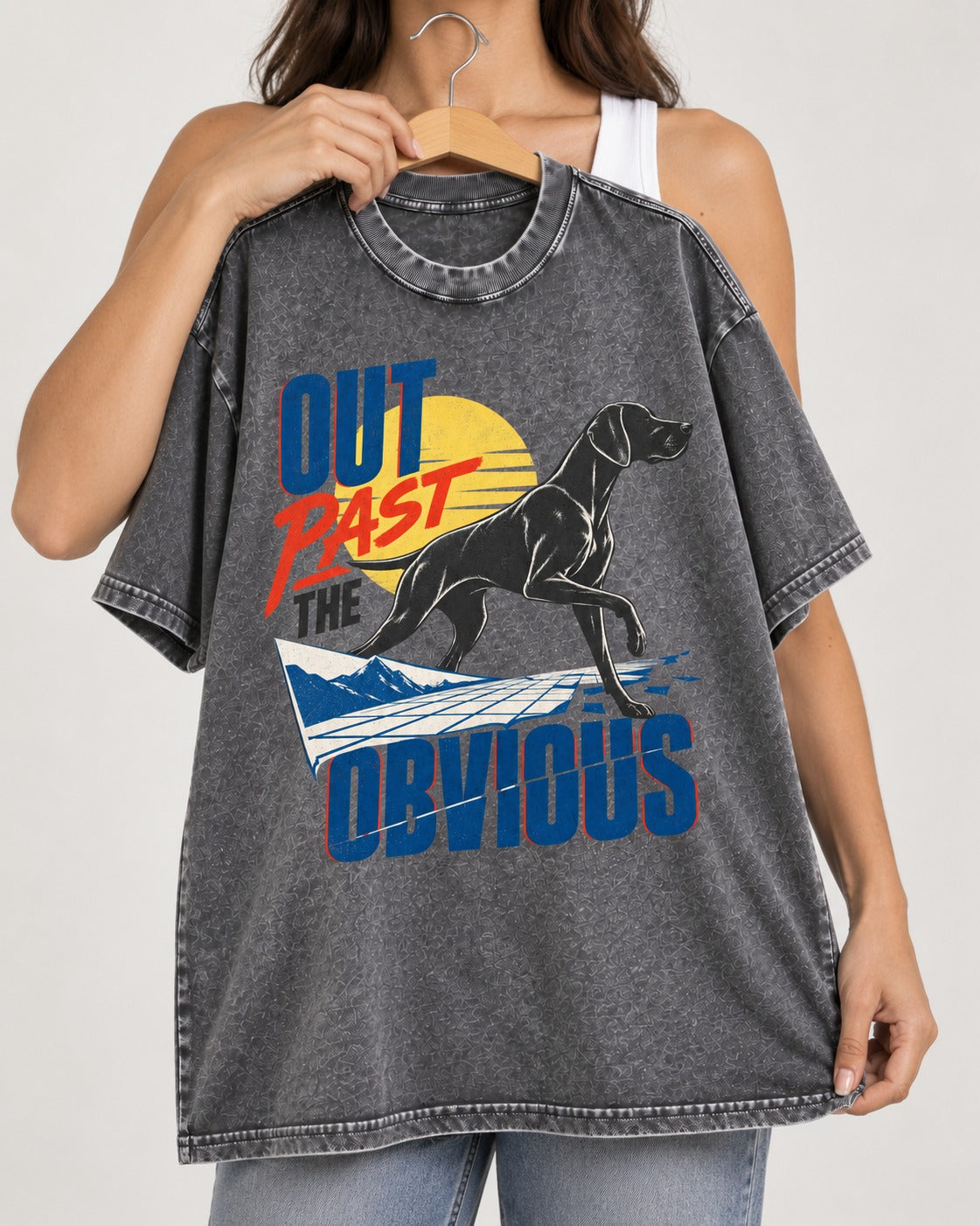 Out Past the Obvious German Shorthaired Pointer Washed Tee in Gray, held up on a hanger