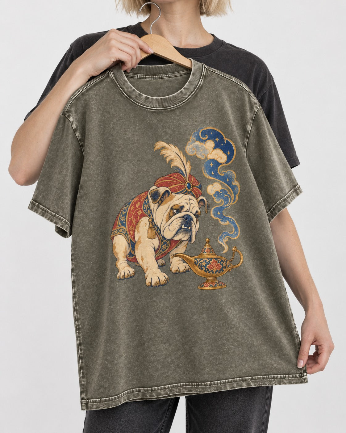 English Bulldog Magic Lamp Genie Graphic Washed Tee in Army Green, held up on a hanger