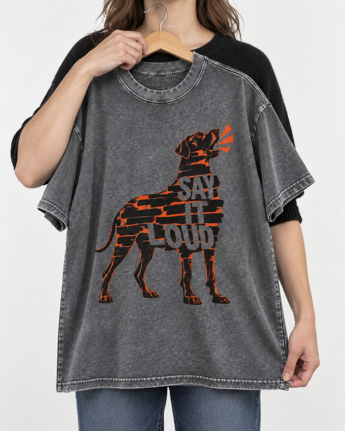 Great Dane Say It Loud Washed Tee in Gray, held up on a hanger