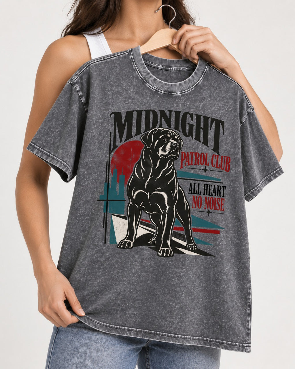 Rottweiler Midnight Patrol Club Washed Tee in Gray, held up on a hanger
