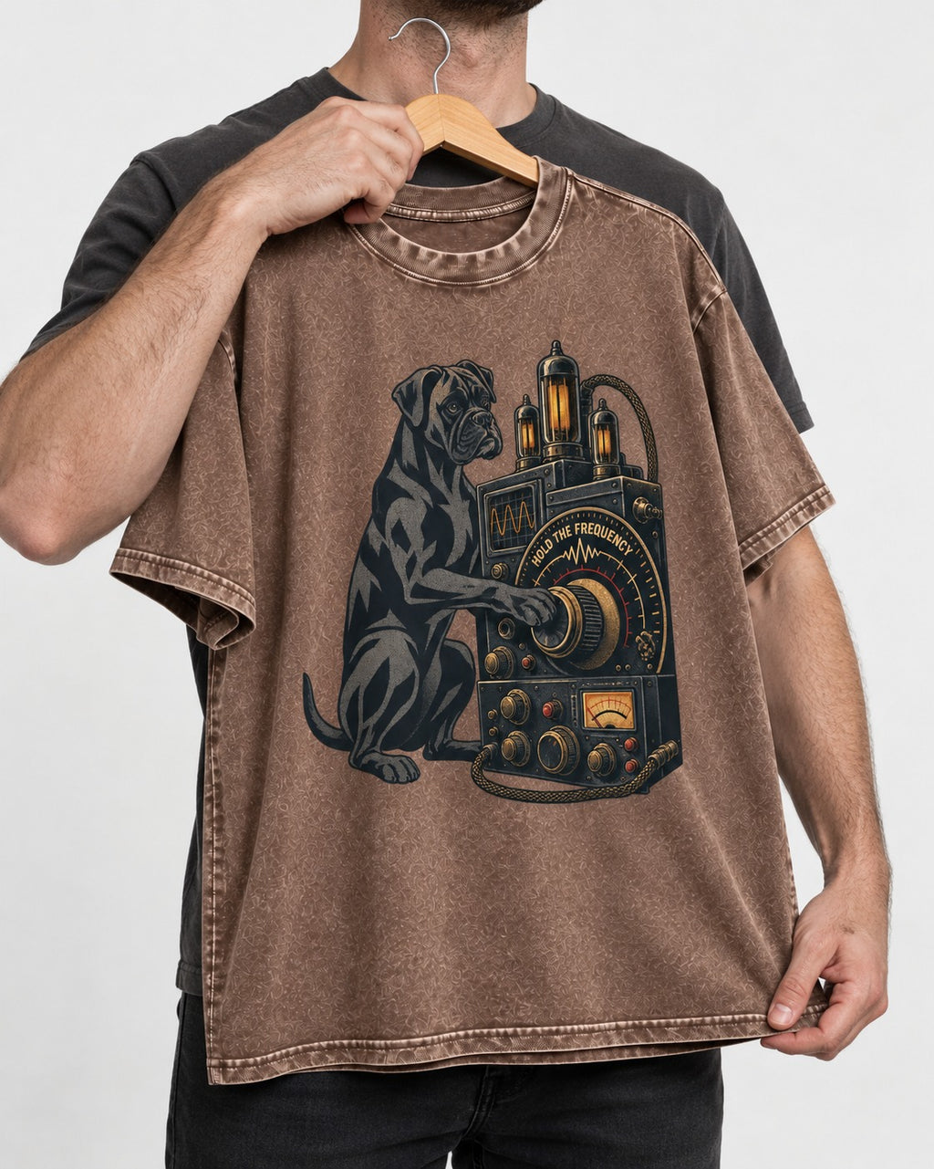 Hold the Boxer Frequency Washed Tee in Coffee, held up on a hanger