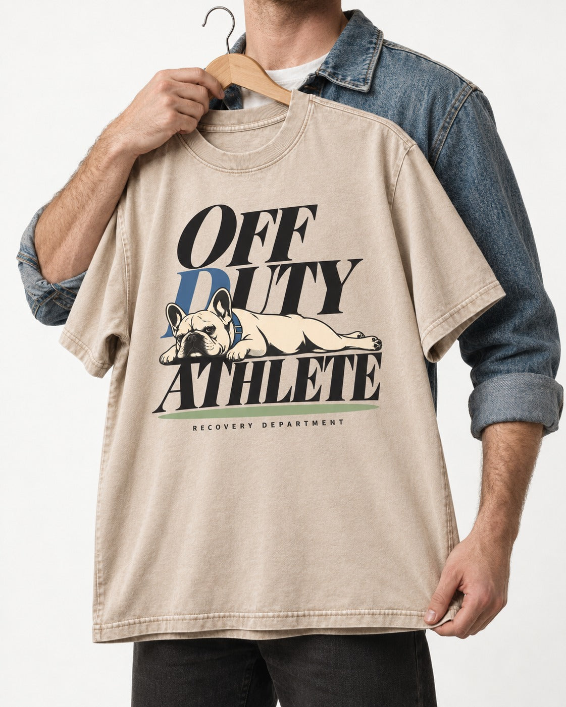 Off Duty Athlete Frenchie Washed Tee in Apricot, held up on a hanger