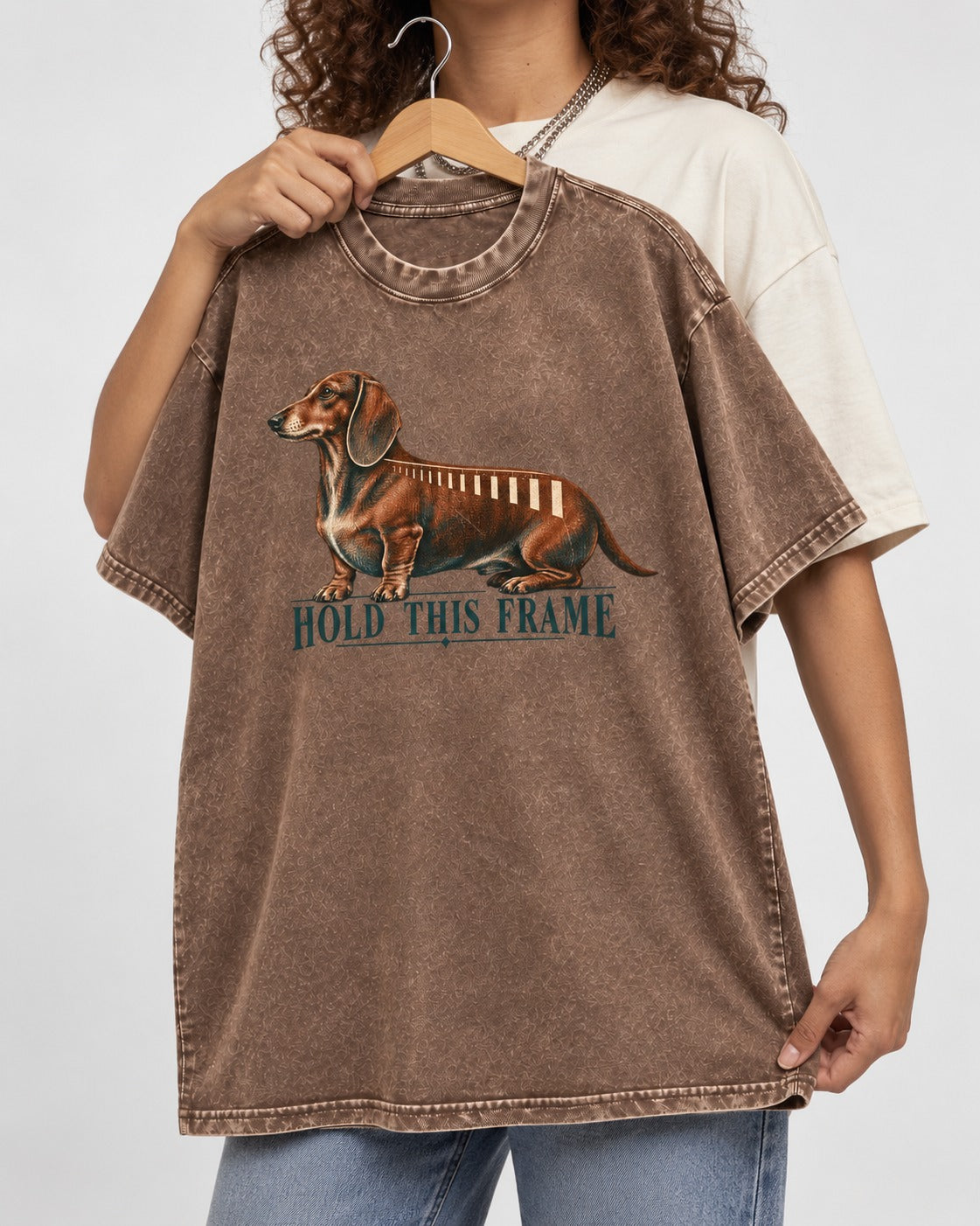 Dachshund Hold This Frame Washed Tee in Coffee, held up on a hanger