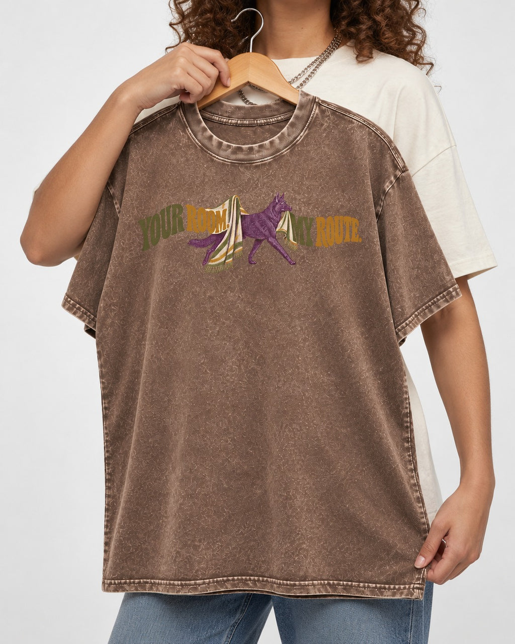 Your Room My Route German Shepherd Dog Washed Tee in Coffee, held up on a hanger