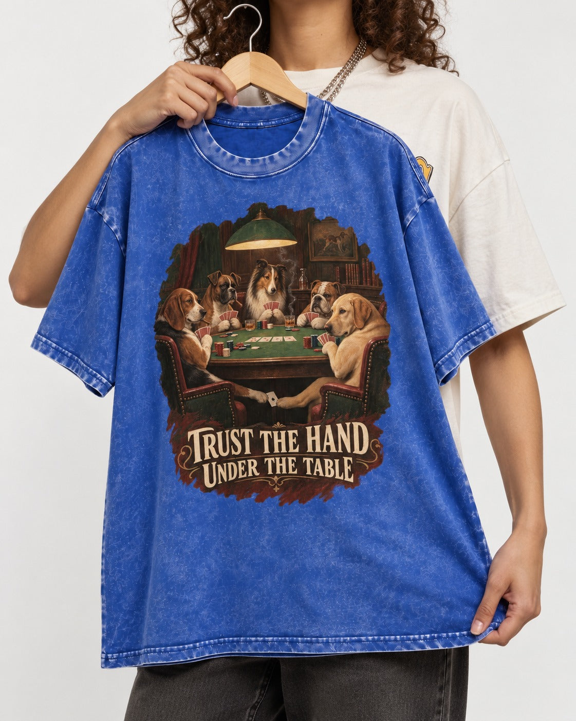 Labrador Retriever Trust the Hand Under the Table Poker Dogs Graphic Washed Tee in Royal Blue, held up on a hanger