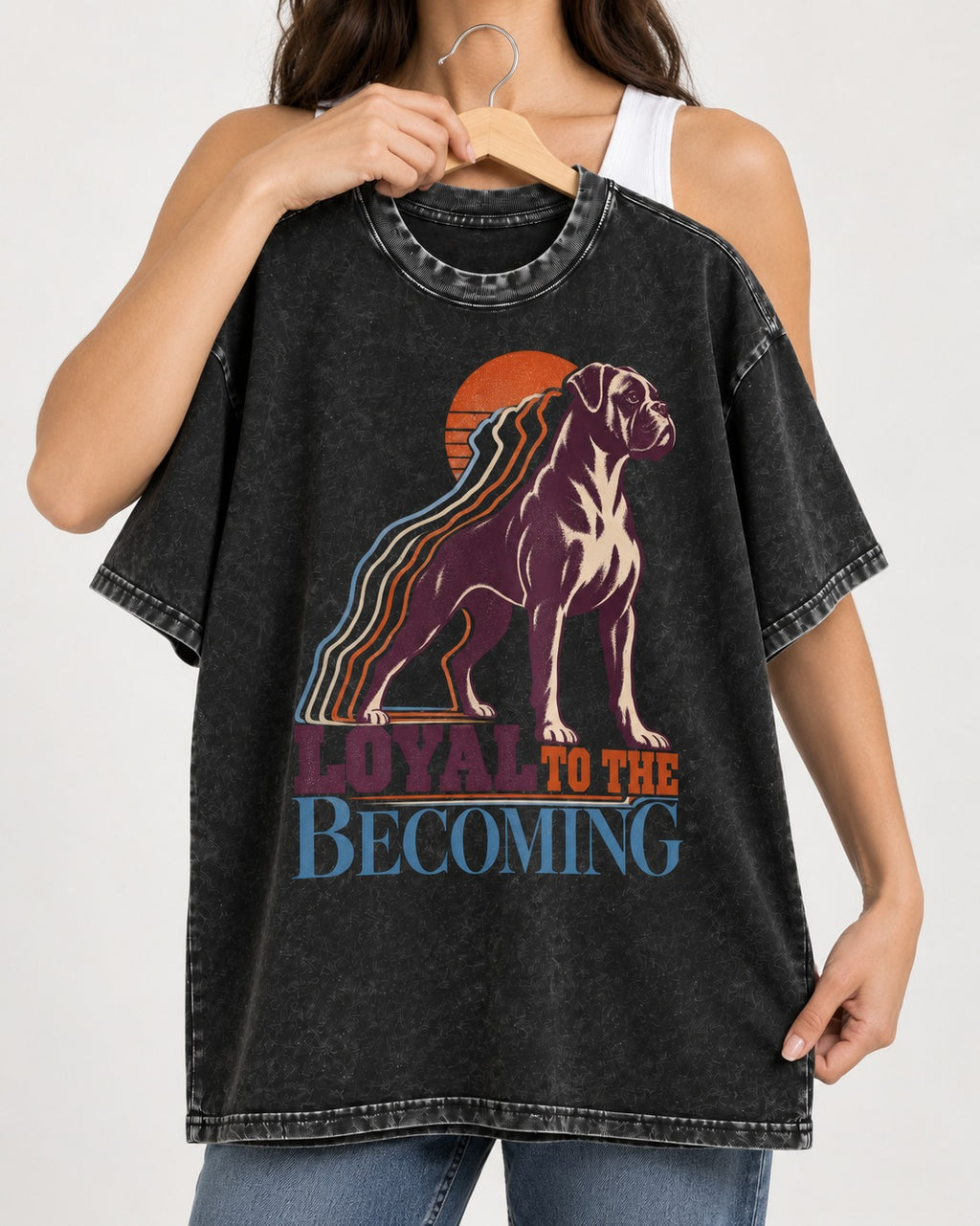 Boxer Loyal to the Becoming Washed Tee in Black, held up on a hanger