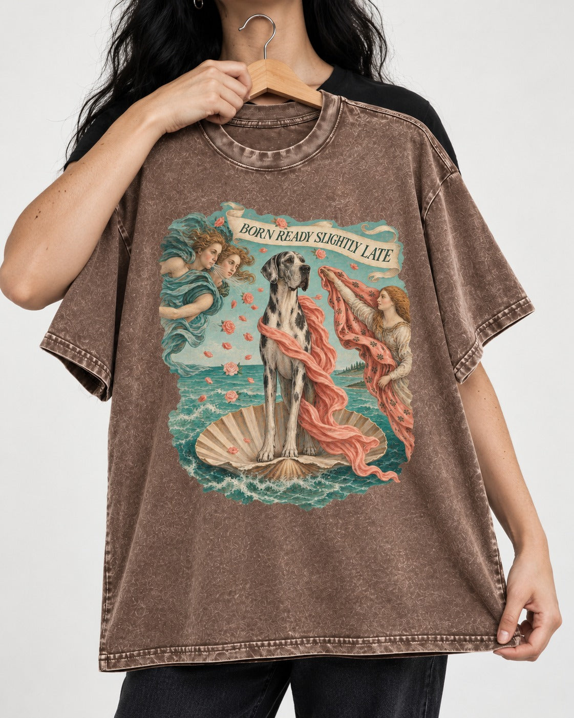 Great Dane Born Ready Slightly Late Washed Tee in Coffee, held up on a hanger