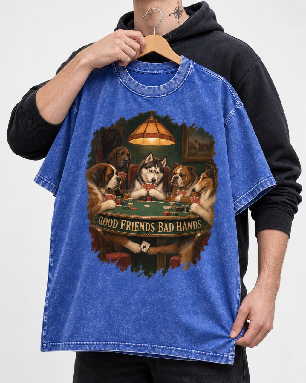 Husky Good Friends Bad Hands Poker Night Graphic Washed Tee in Royal Blue, held up on a hanger