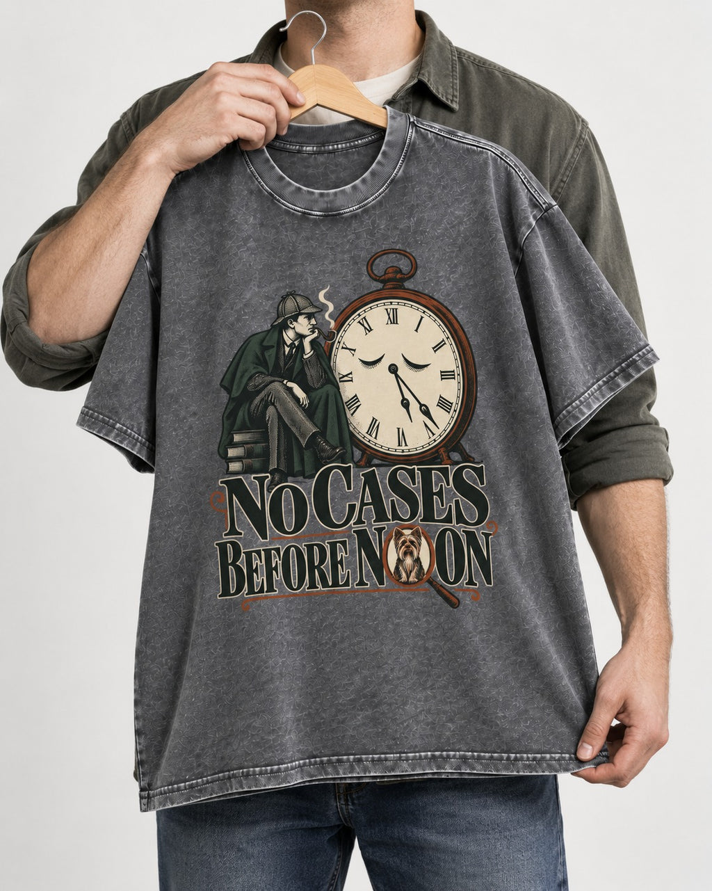 No Cases Before Noon Yorkshire Terrier Washed Tee in Gray, held up on a hanger