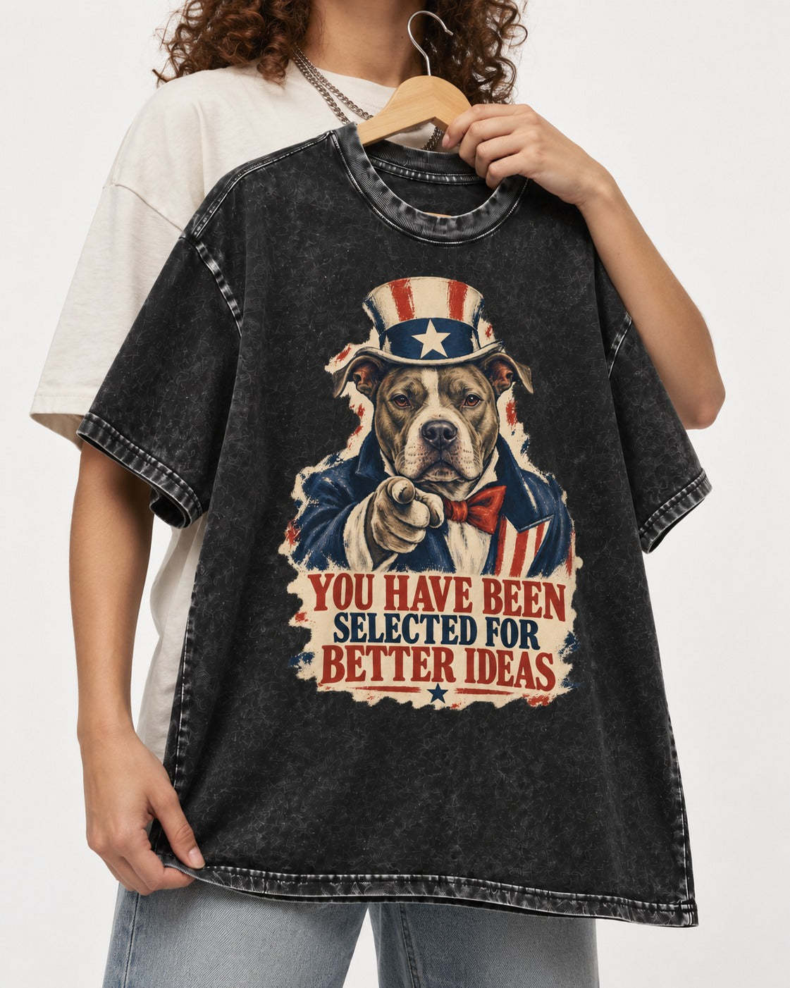 Pitbull You Have Been Selected for Better Ideas Uncle Sam Graphic Washed Tee in Black, held up on a hanger