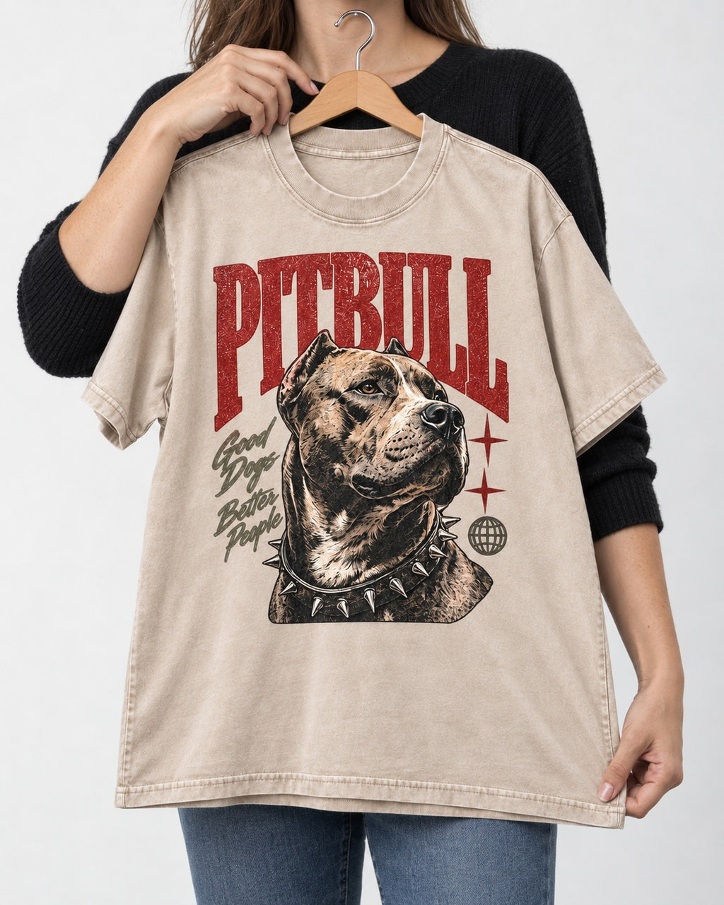 Pitbull Makes Better People Washed Tee in Apricot, held up on a hanger