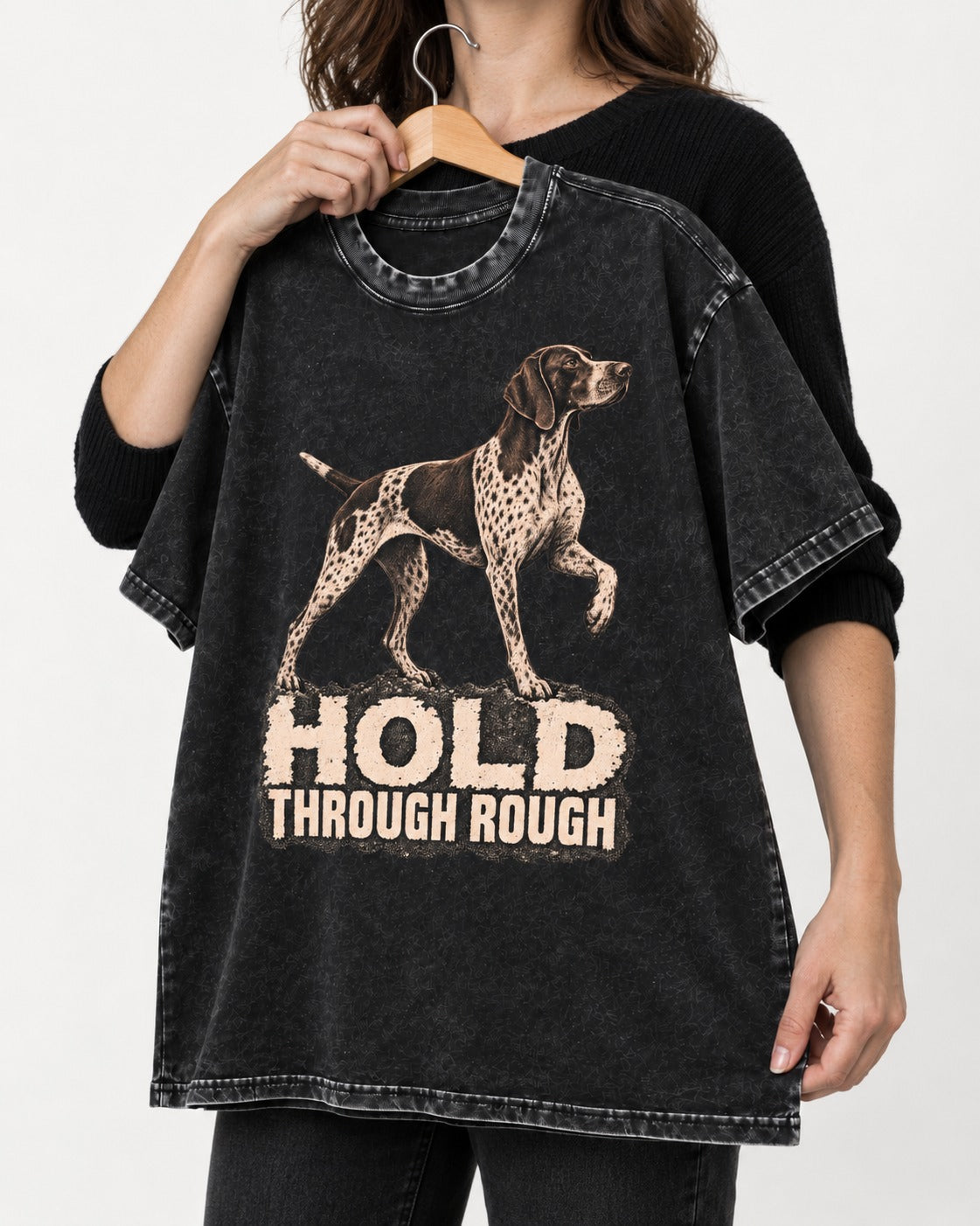 German Shorthaired Pointer Hold Through Rough Vintage Graphic Washed Tee in Black, held up on a hanger