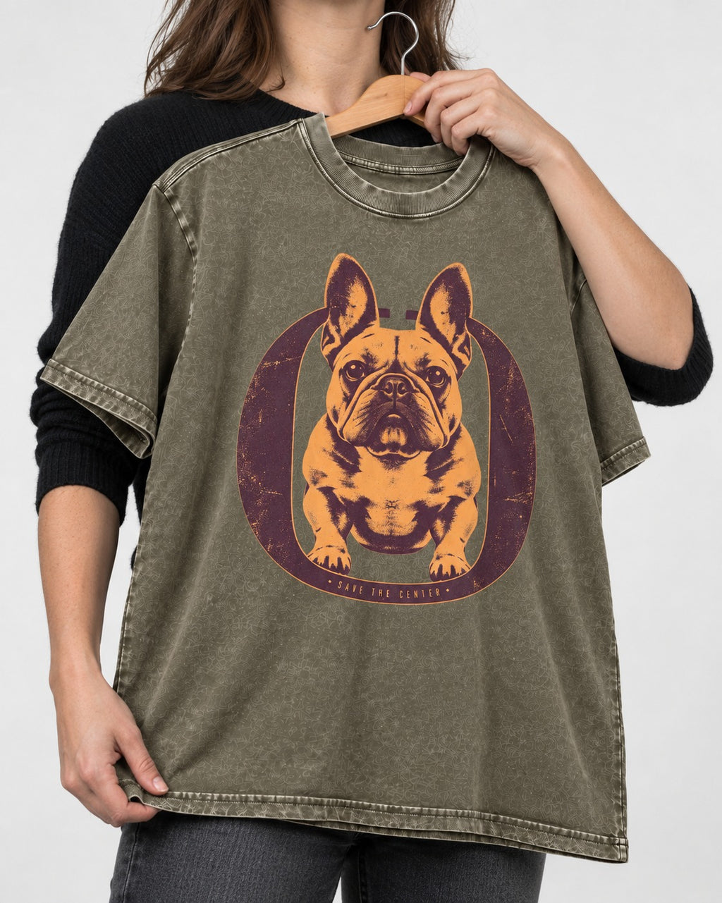 Frenchie Save the Center Oval Portrait Graphic Washed Tee in Army Green, held up on a hanger