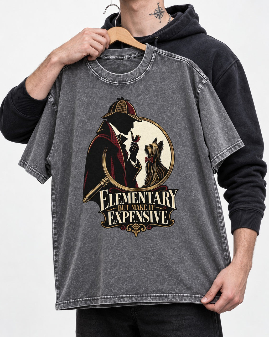 Elementary but Expensive Yorkshire Terrier Washed Tee in Gray, held up on a hanger