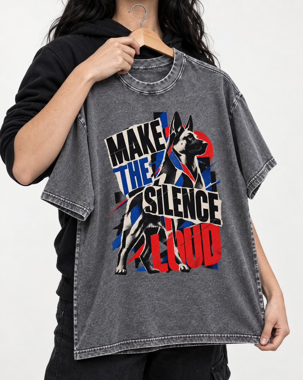 German Shepherd Dog Make the Silence Loud Washed Tee in Gray, held up on a hanger