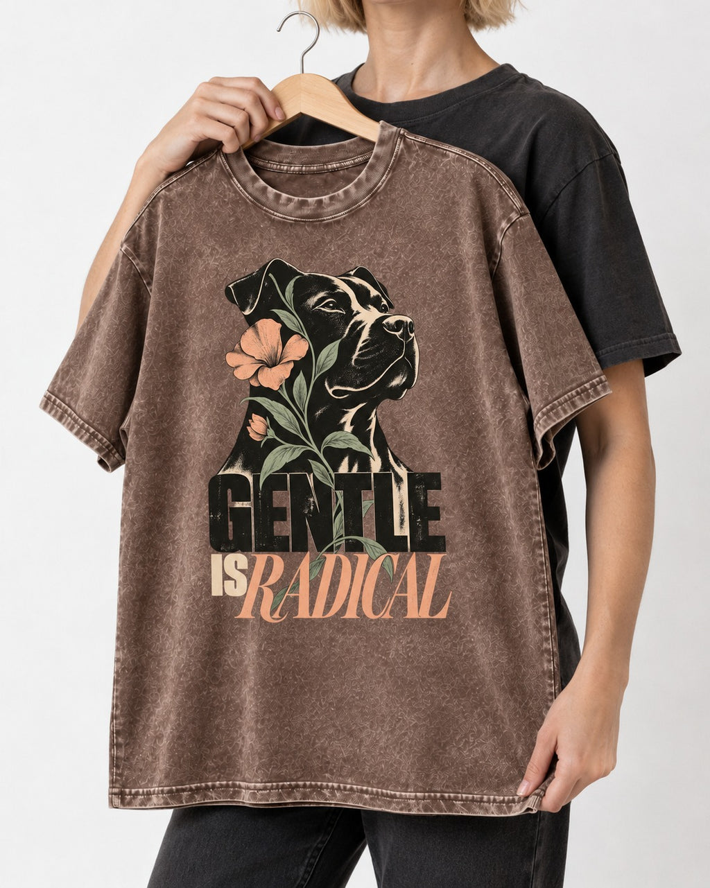 Gentle Pitbull Is Radical Washed Tee in Coffee, held up on a hanger