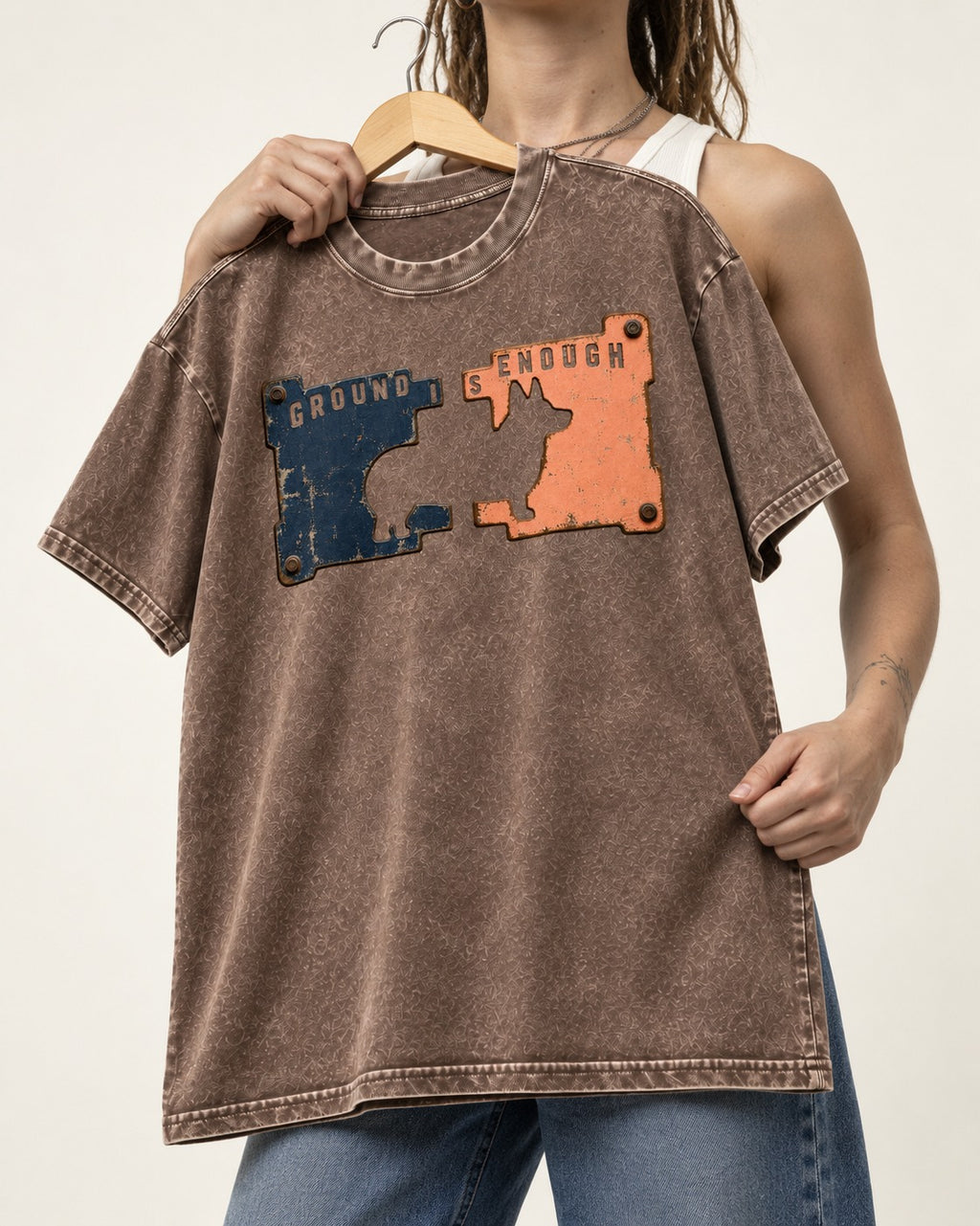 Corgi Is Enough Washed Tee in Coffee, held up on a hanger