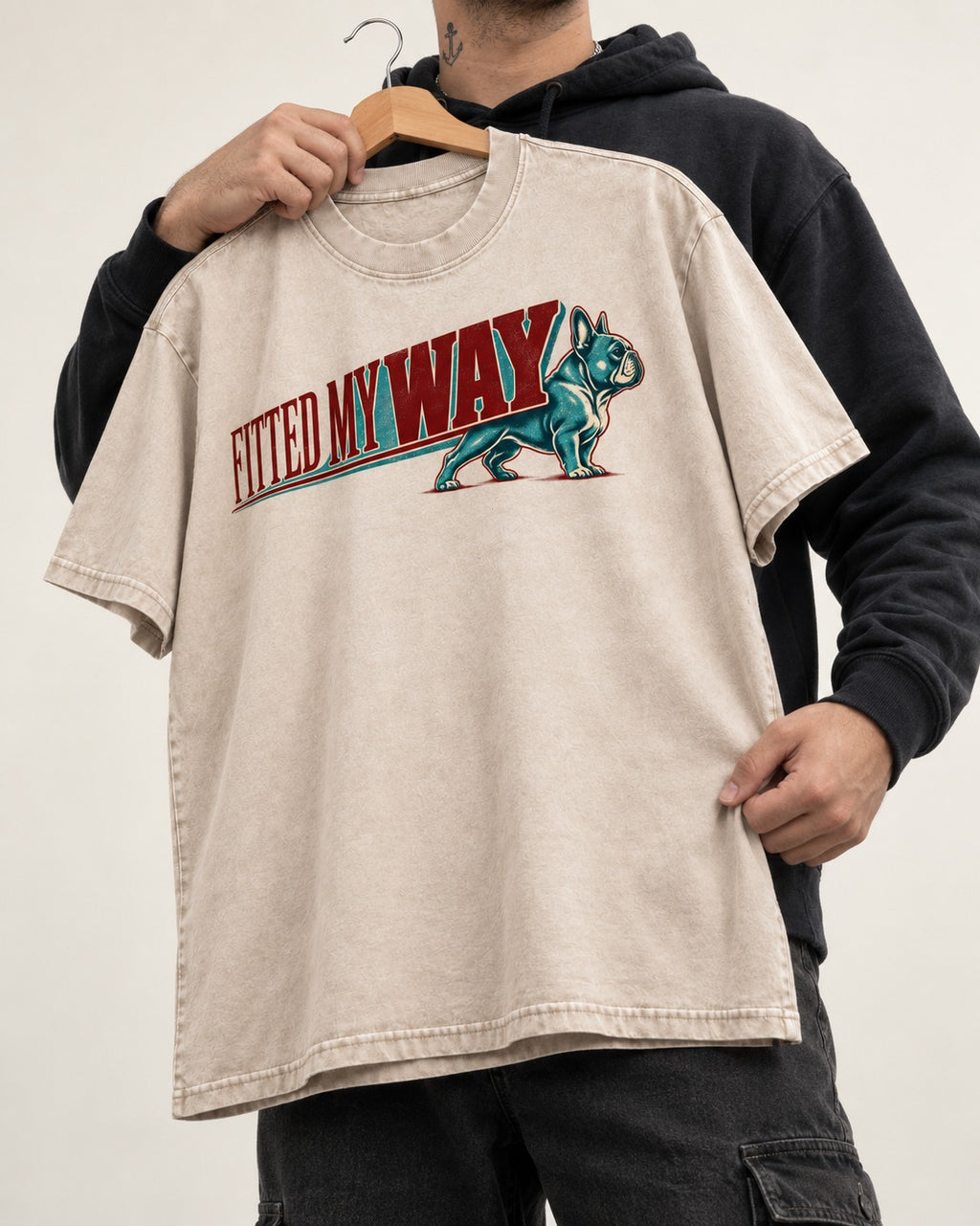 Frenchie Fitted My Way Collegiate Graphic Washed Tee in Apricot, held up on a hanger