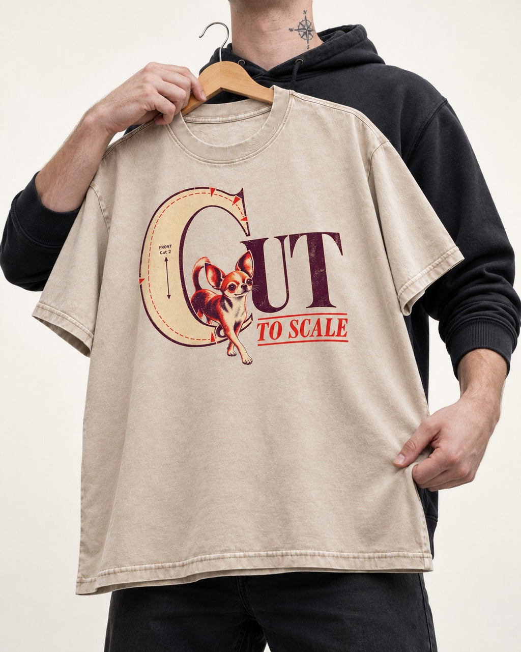 Chihuahua Cut to Scale Sewing Pattern Graphic Washed Tee in Apricot, held up on a hanger