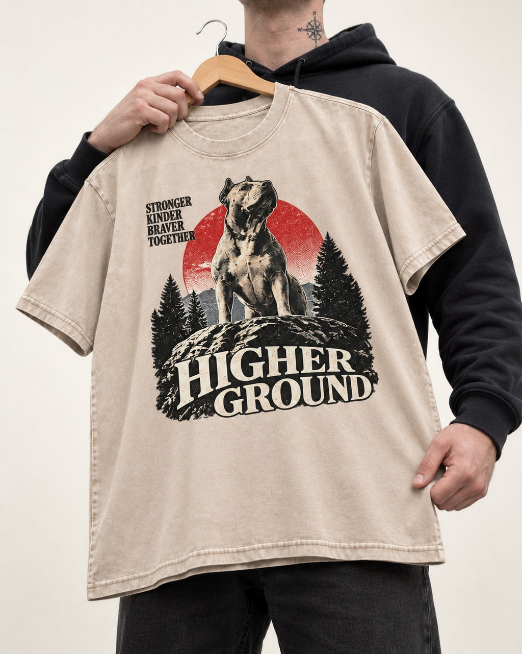 Pitbull Higher Ground Washed Tee in Apricot, held up on a hanger