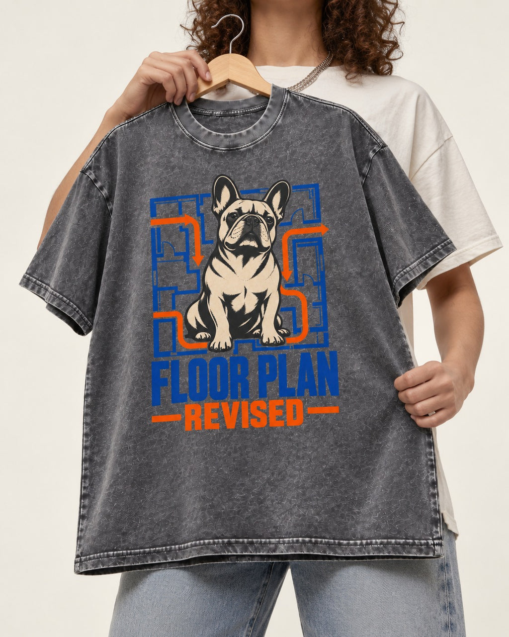 Frenchie Floor Plan Revised Washed Tee in Gray, held up on a hanger