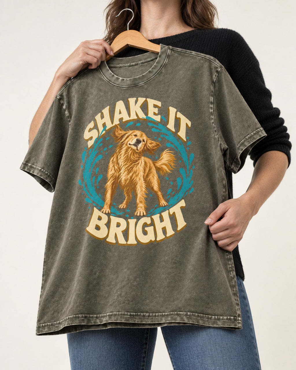 Golden Retriever Shake It Bright Water Ring Graphic Washed Tee in Army Green, held up on a hanger