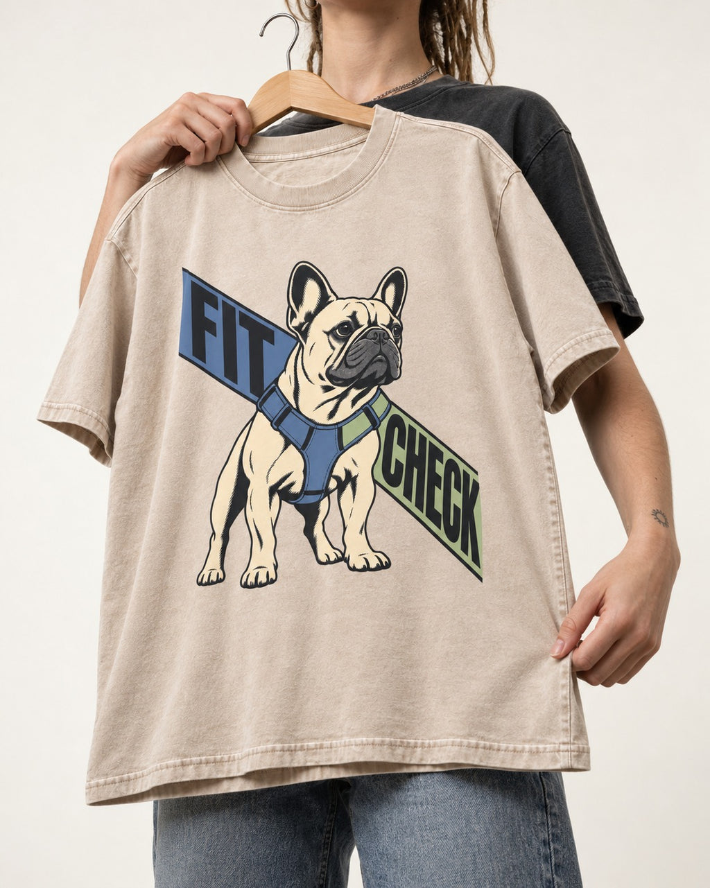 Frenchie Fit Check Washed Tee in Apricot, held up on a hanger