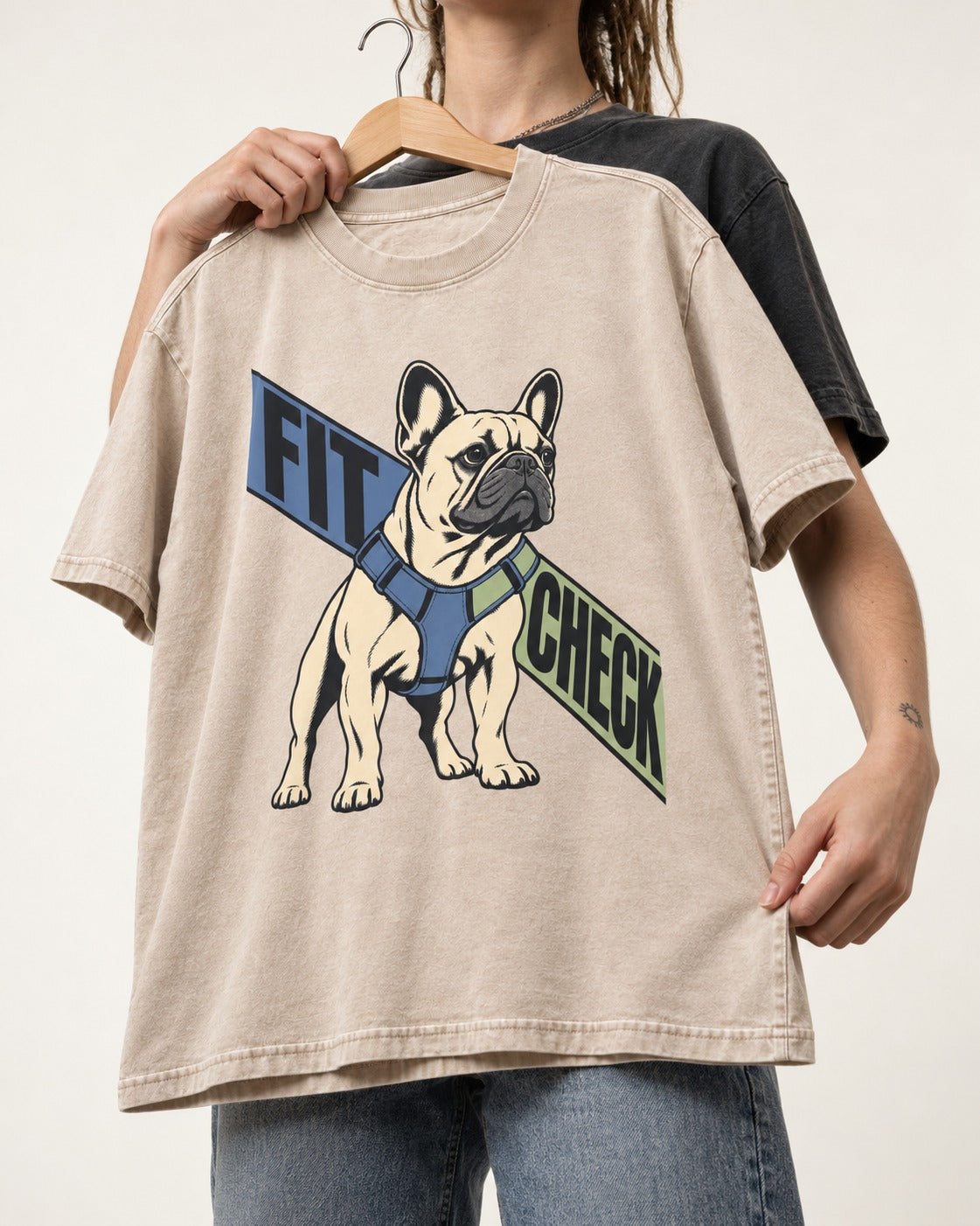 Frenchie Fit Check Washed Tee in Apricot, held up on a hanger