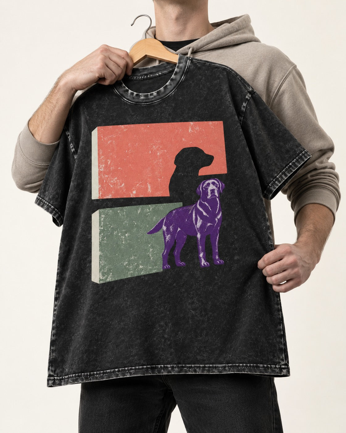 Labrador Retriever Field Test Brutalist Panels Graphic Washed Tee in Black, held up on a hanger