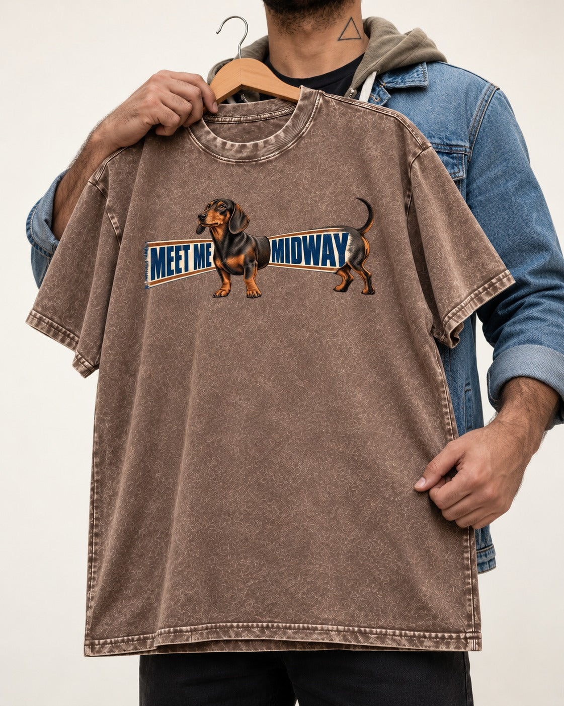 Dachshund Meet Me Midway Washed Tee in Coffee, held up on a hanger