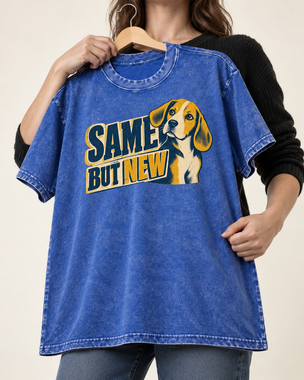Same Beagle But New Washed Tee in Royal Blue, held up on a hanger