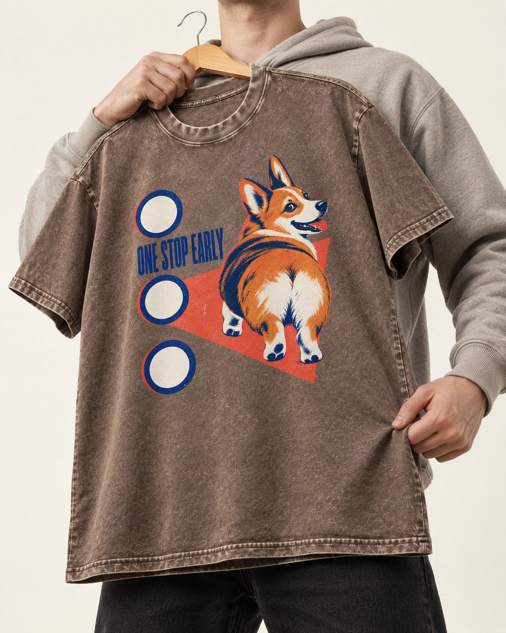 One Stop Early Corgi Washed Tee in Coffee, held up on a hanger