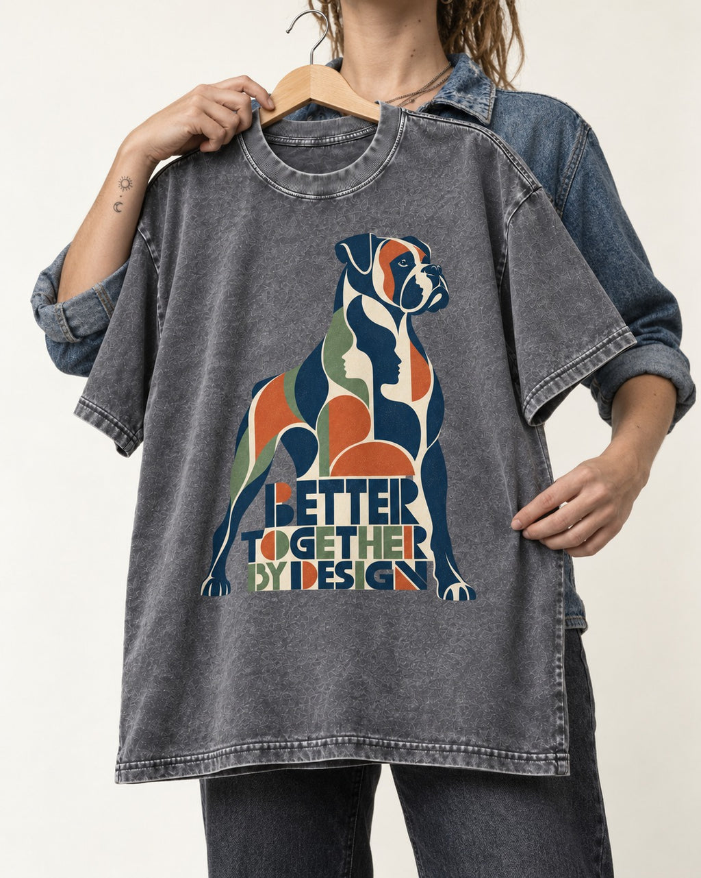 Better Together By Design Boxer Geometric Mosaic Washed Tee in Gray, held up on a hanger