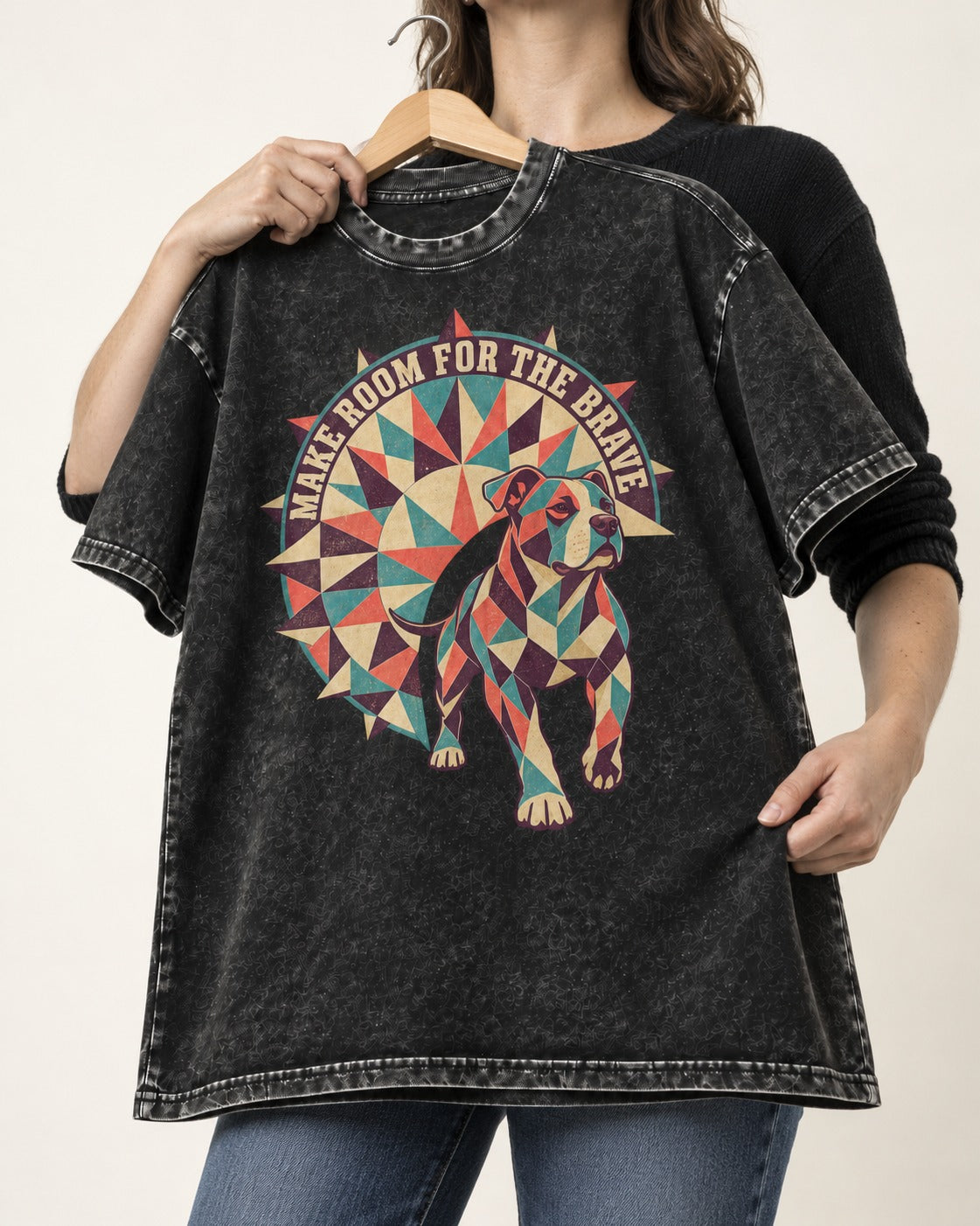 Pitbull Make Room for the Brave Mosaic Graphic Washed Tee in Black, held up on a hanger