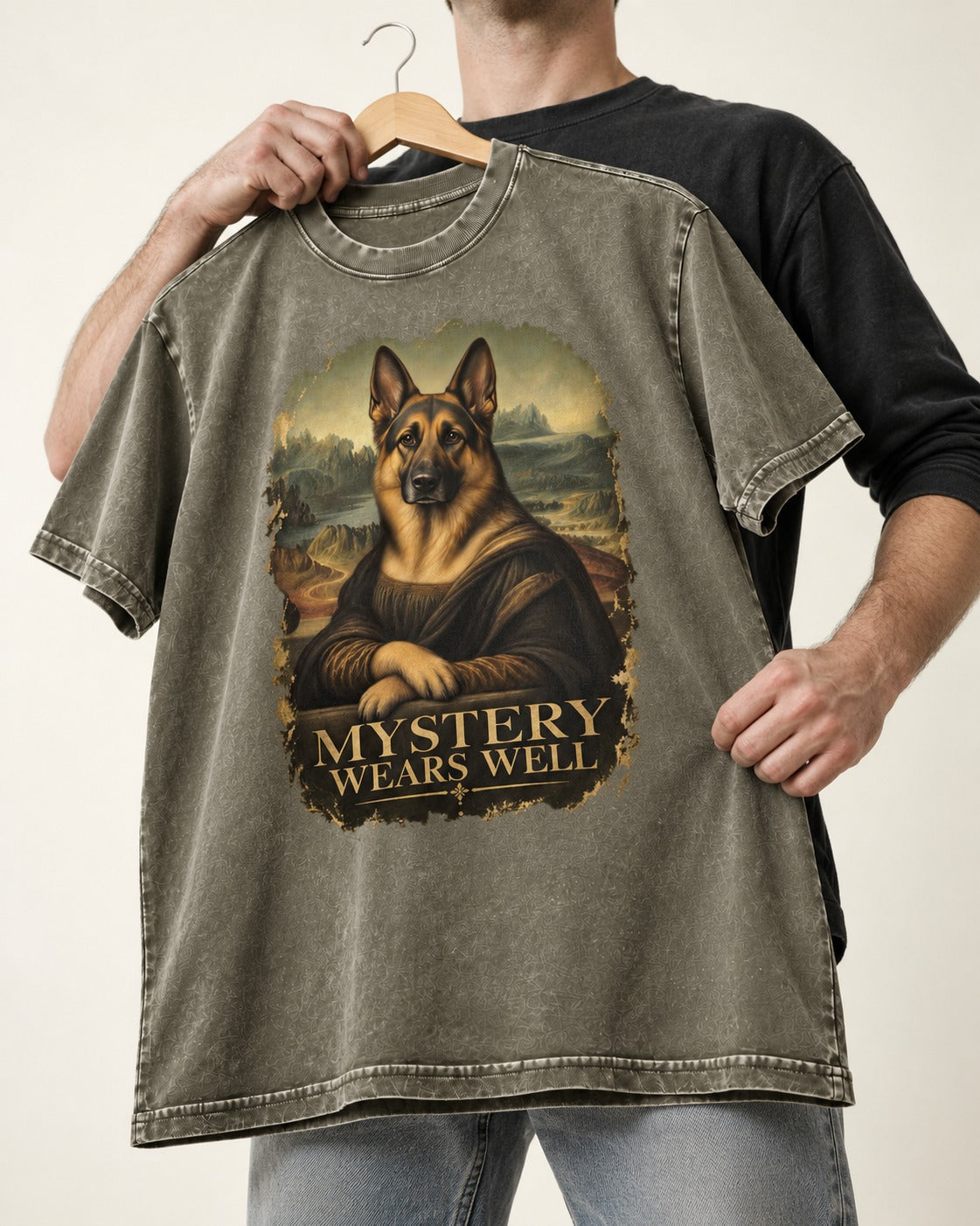 German Shepherd Dog Mystery Wears Well Renaissance Portrait Washed Tee in Army Green, held up on a hanger