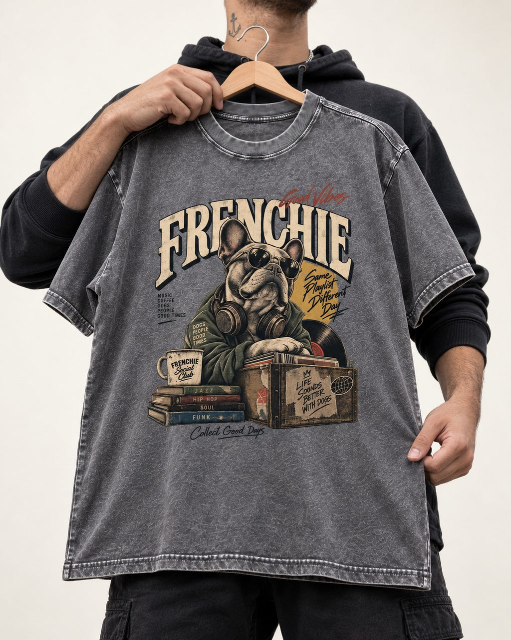 Frenchie Social Club Washed Tee in Gray, held up on a hanger