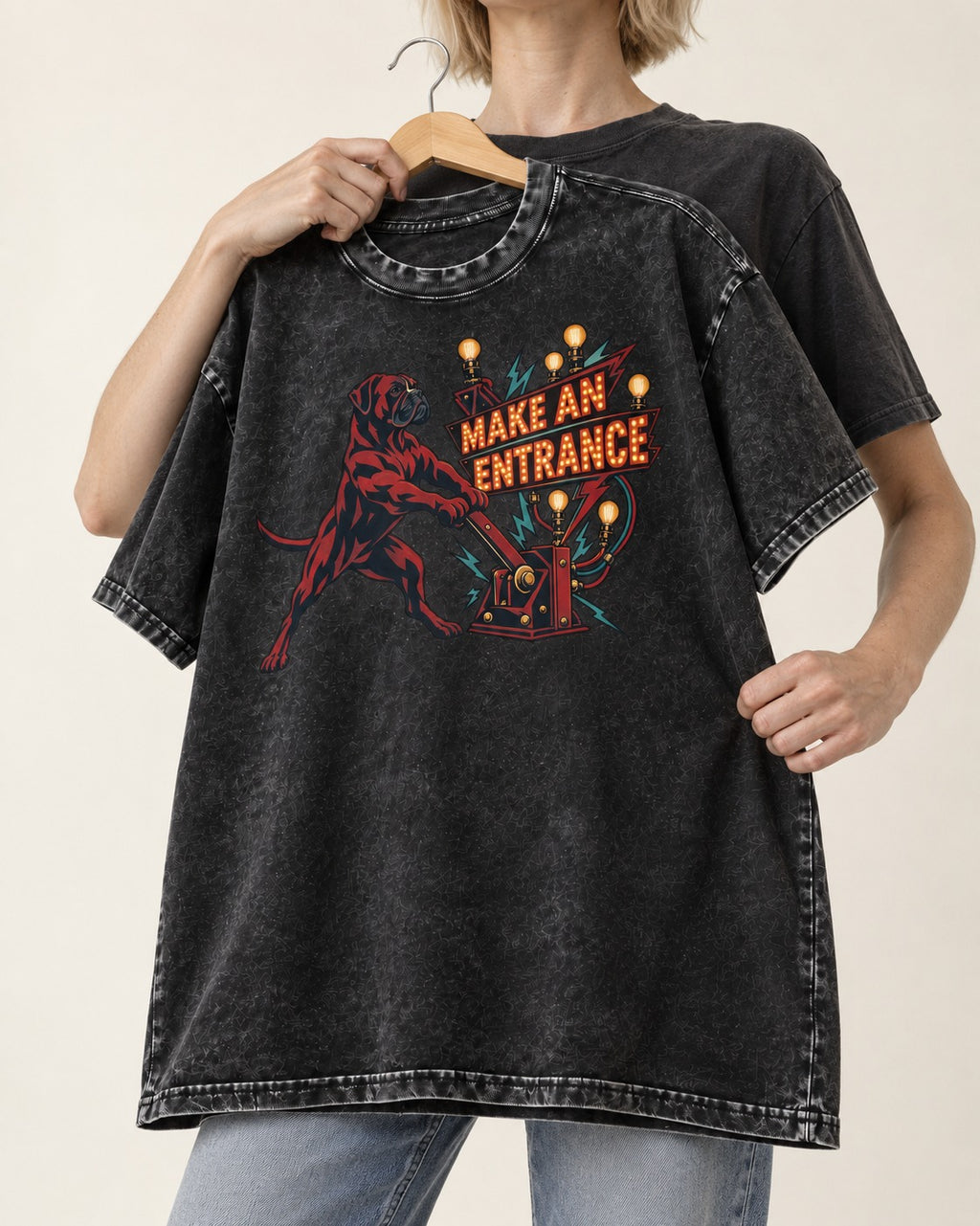 Boxer Make an Entrance Washed Tee in Black, held up on a hanger