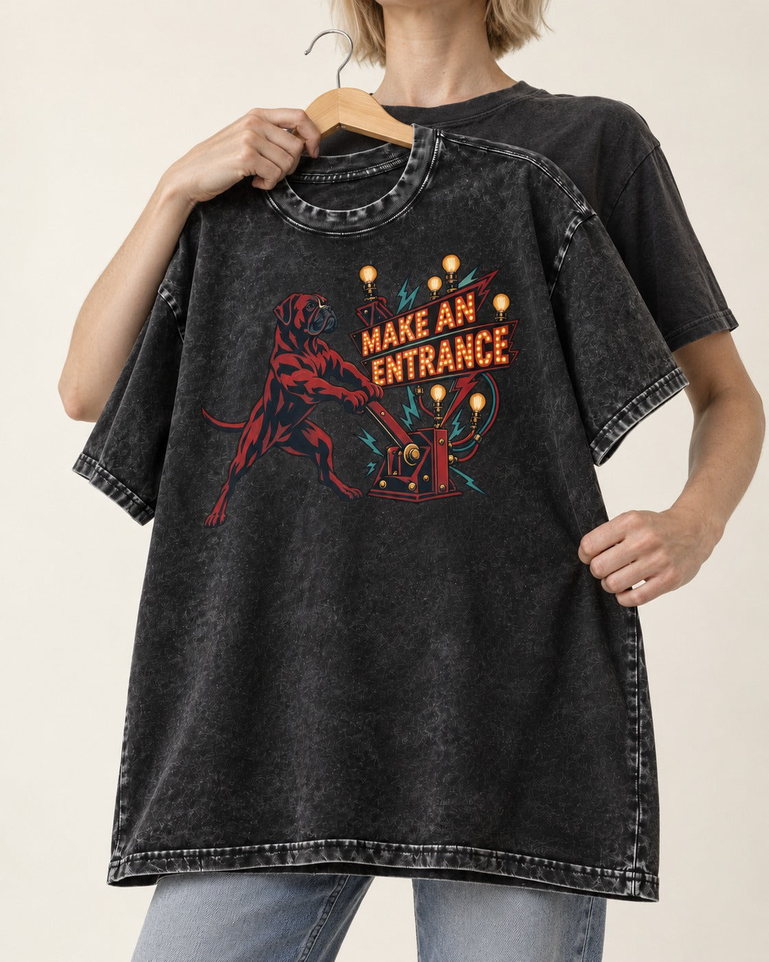 Boxer Make an Entrance Washed Tee in Black, held up on a hanger