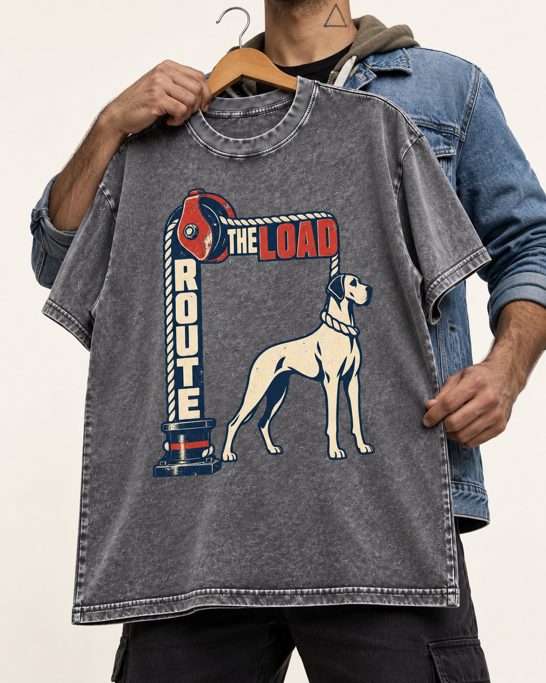 Great Dane Route the Load Washed Tee in Gray, held up on a hanger