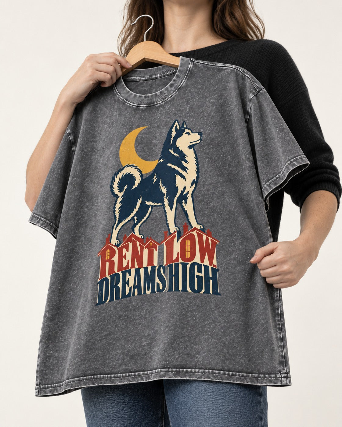 Husky Dreams High Washed Tee in Gray, held up on a hanger