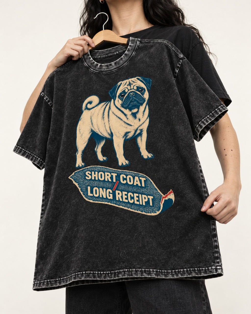 Pug Short Coat Long Receipt Graphic Washed Tee in Black, held up on a hanger