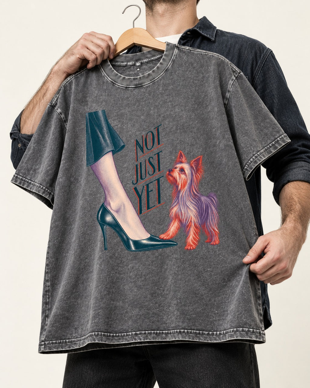Not Just Yet Yorkshire Terrier Washed Tee in Gray, held up on a hanger