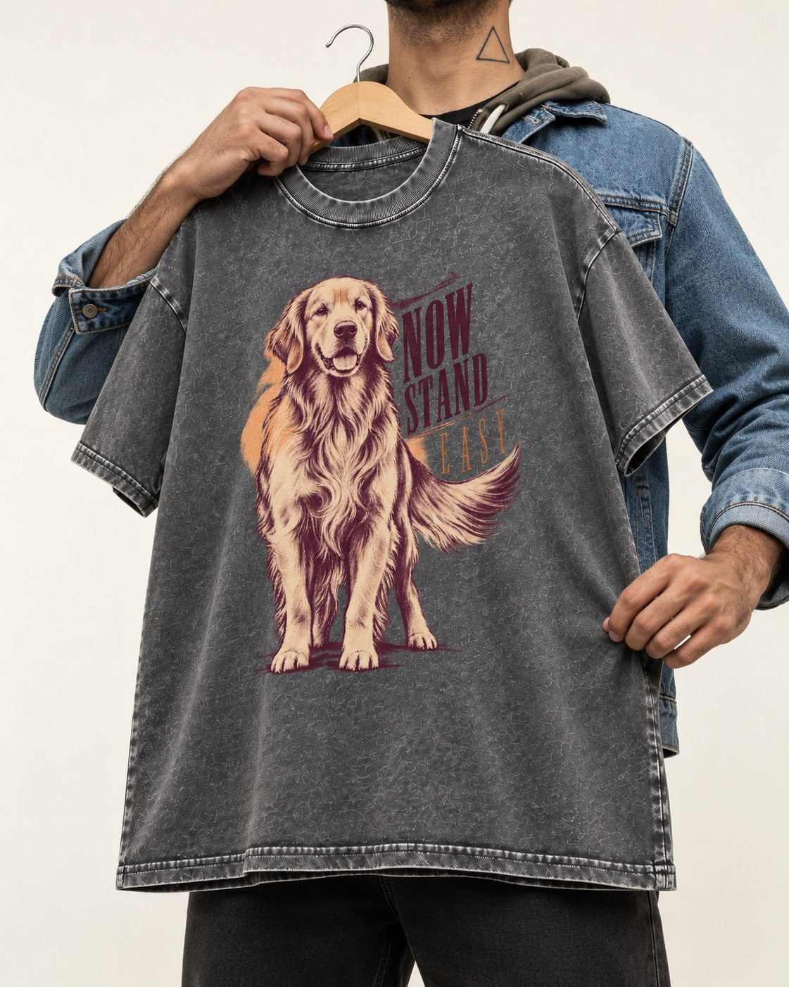 Now Stand Easy Golden Retriever Washed Tee in Gray, held up on a hanger