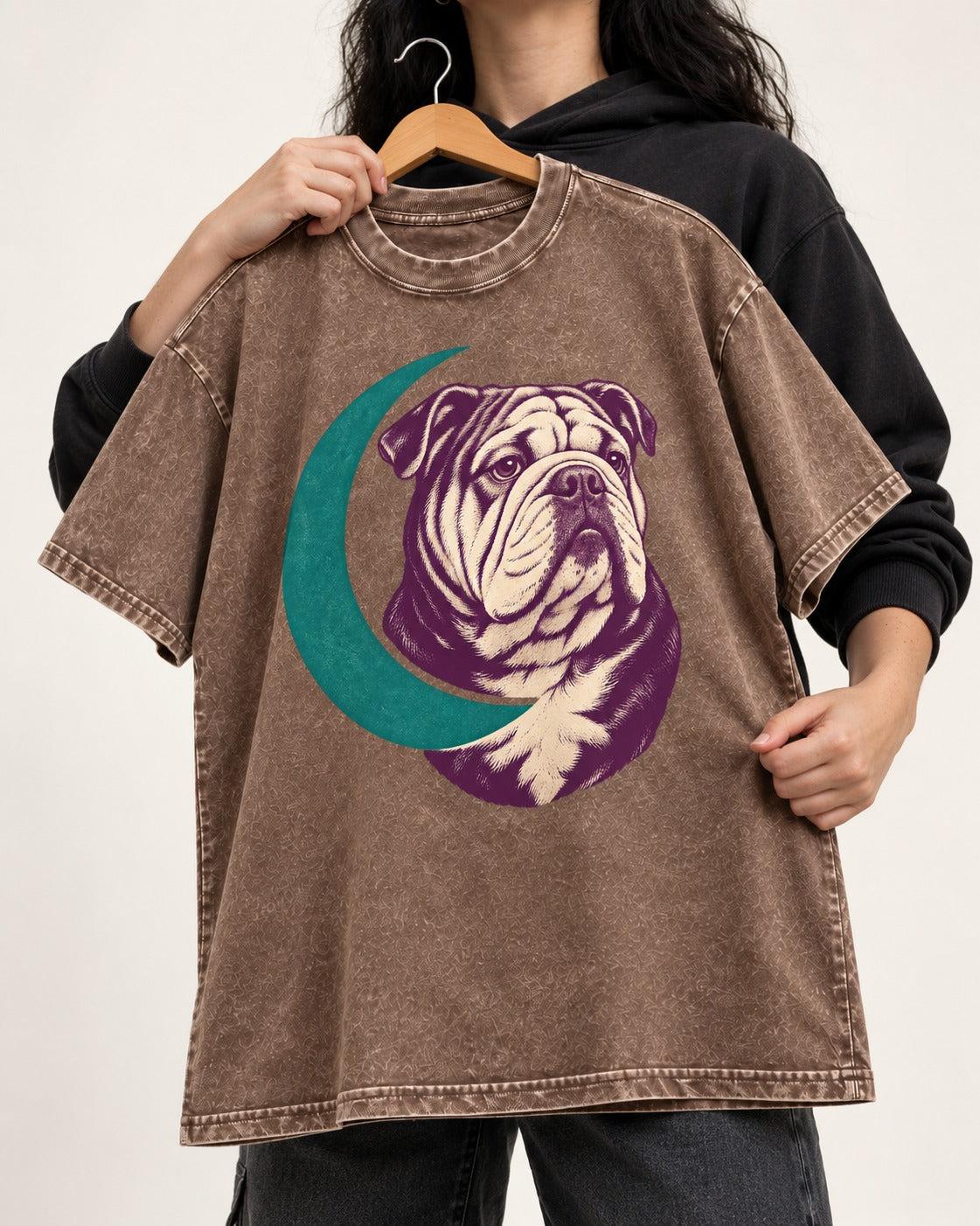 Moonstruck English Bulldog Washed Tee in Coffee, held up on a hanger