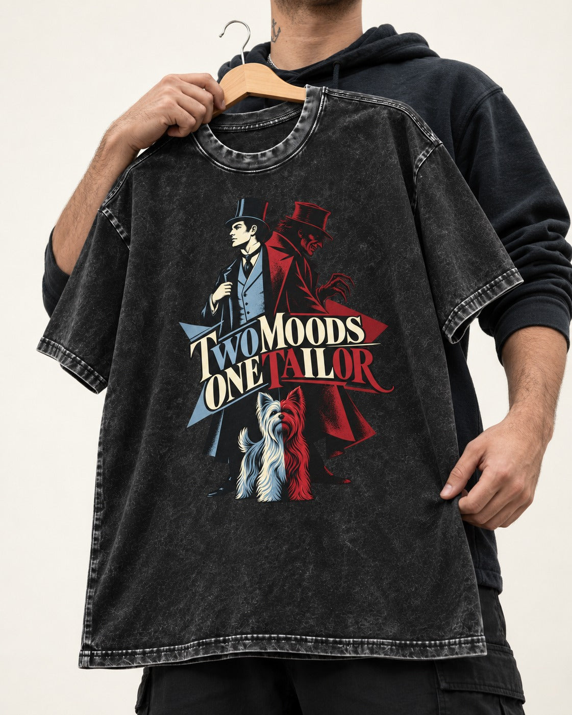 Yorkshire Terrier Two Moods One Tailor Split Persona Graphic Washed Tee in Black, held up on a hanger