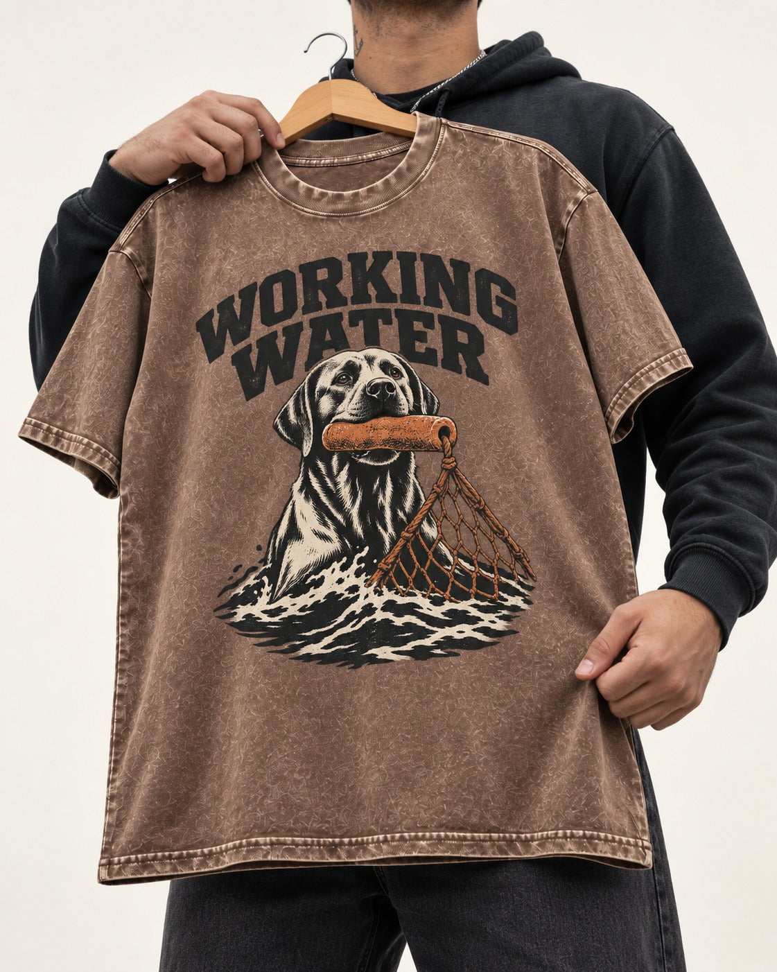 Working Water Labrador Retriever Washed Tee in Coffee, held up on a hanger