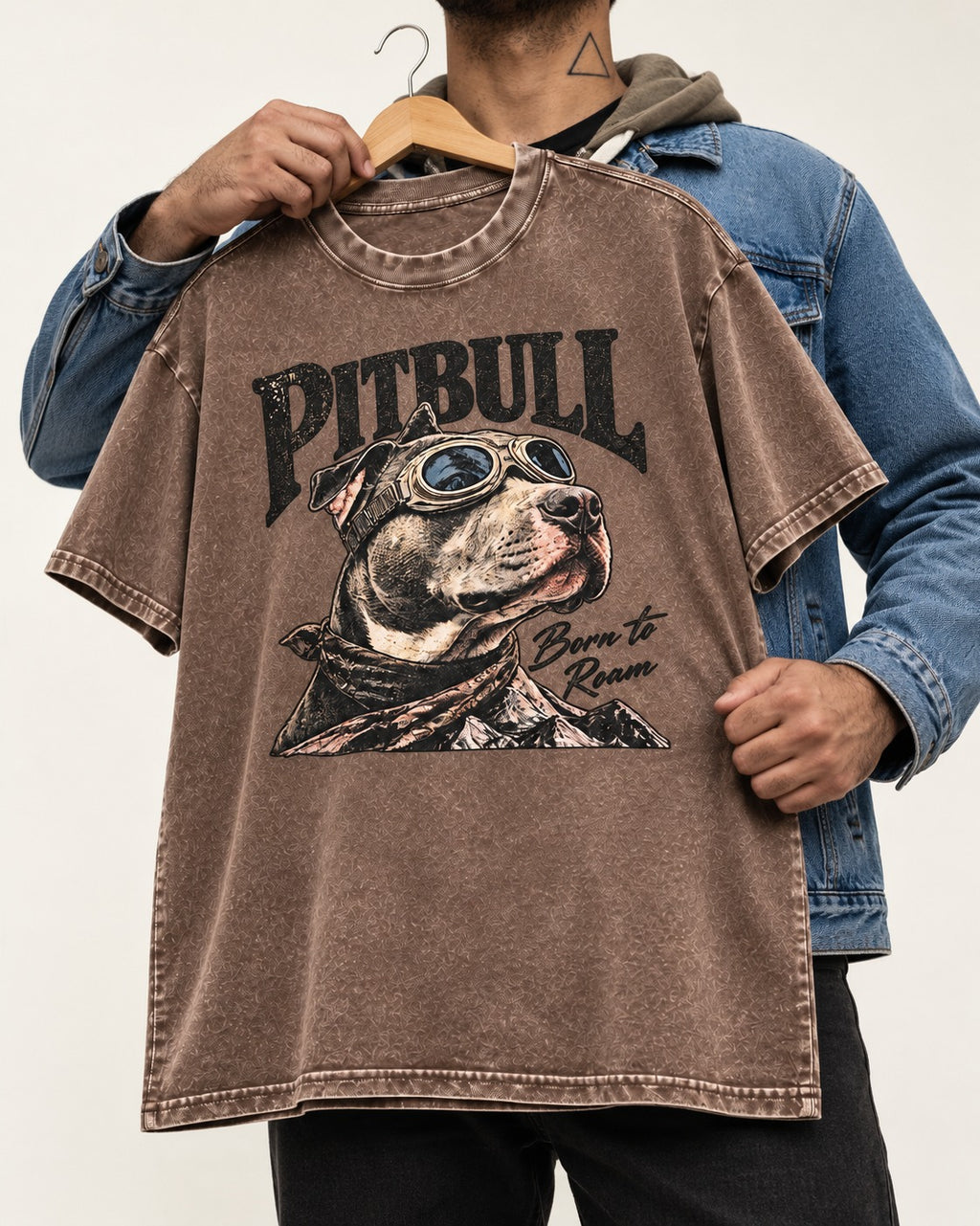 Pitbull Born to Roam Washed Tee in Coffee, held up on a hanger