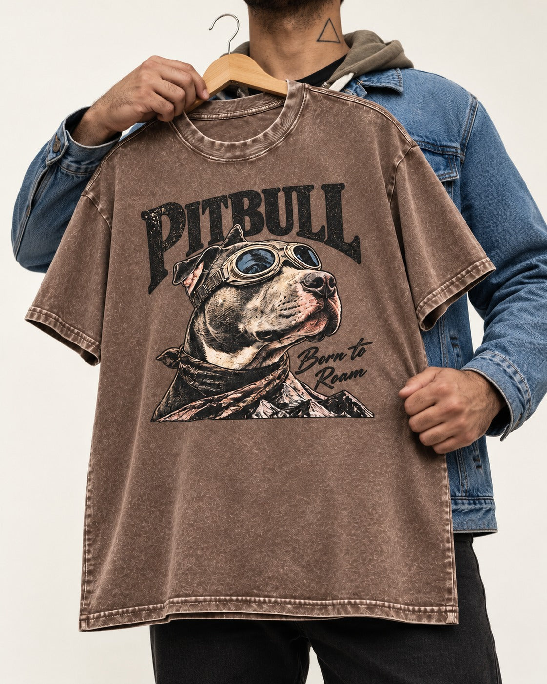 Pitbull Born to Roam Washed Tee in Coffee, held up on a hanger