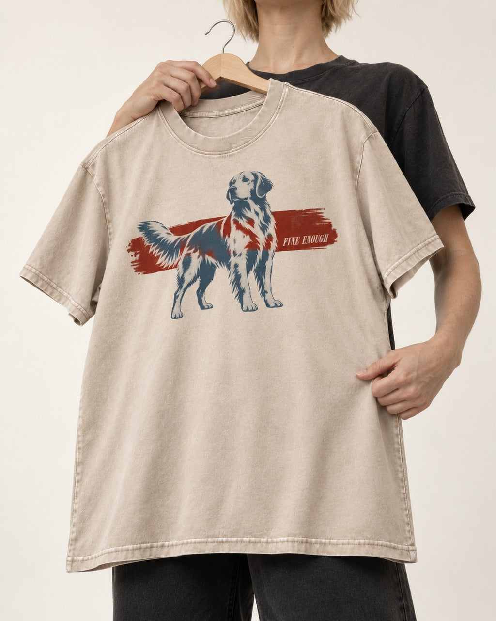 Fine Enough Golden Retriever Washed Tee in Apricot, held up on a hanger